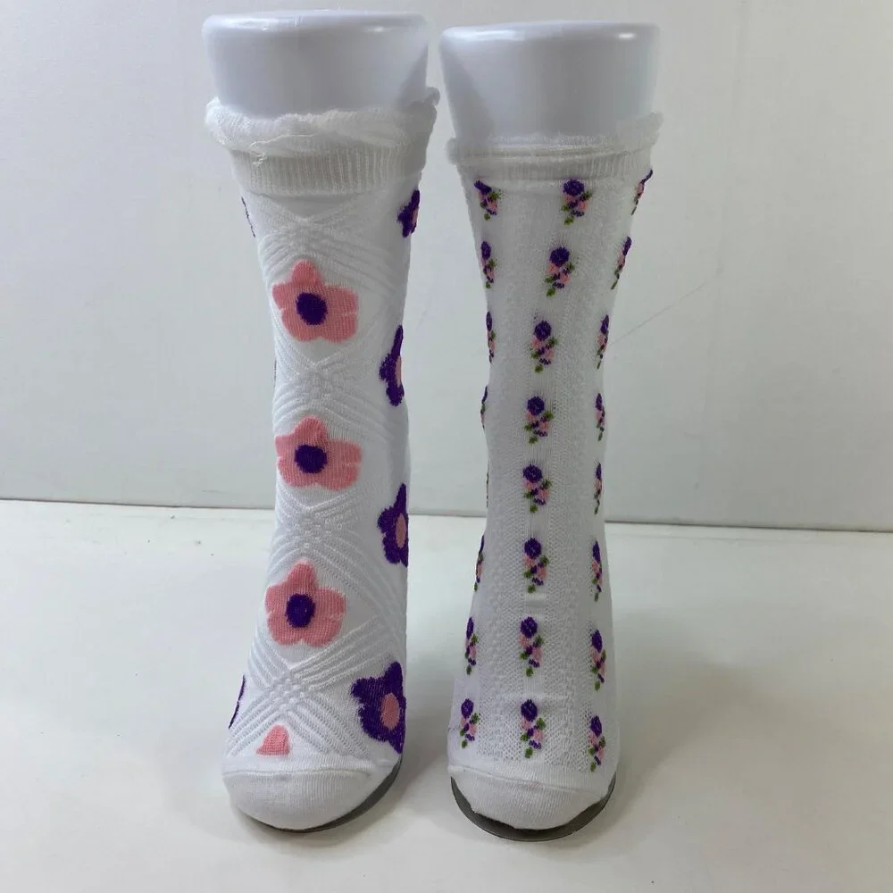 Womens Floral Crew Socks 2-Pack Ruffle Cuff White With Purple Pink Design